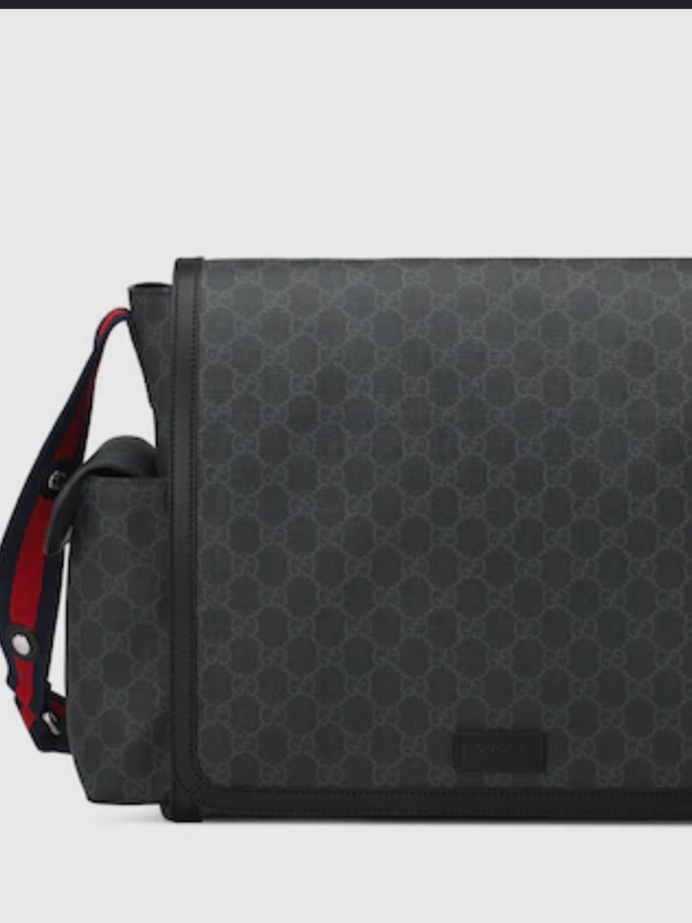 Gucci GG Supreme Diaper Bag in Charcoal with Red-Blue Strap